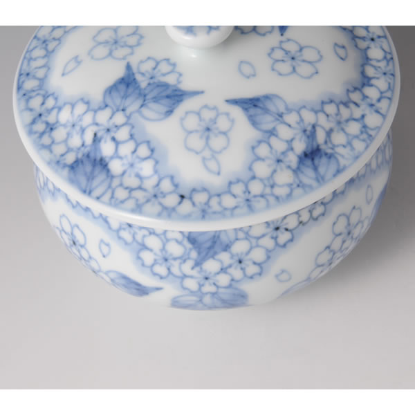 SOMETSUKE SAKURAMON FUTAMONO (Covered Box with Cherry Petals design in underglaze blue) Arita ware