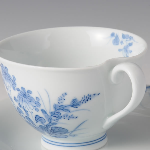 KIKUHAGI KOCHAWANZARA (Cup & Saucer with Bush clover design) Mikawachi ware