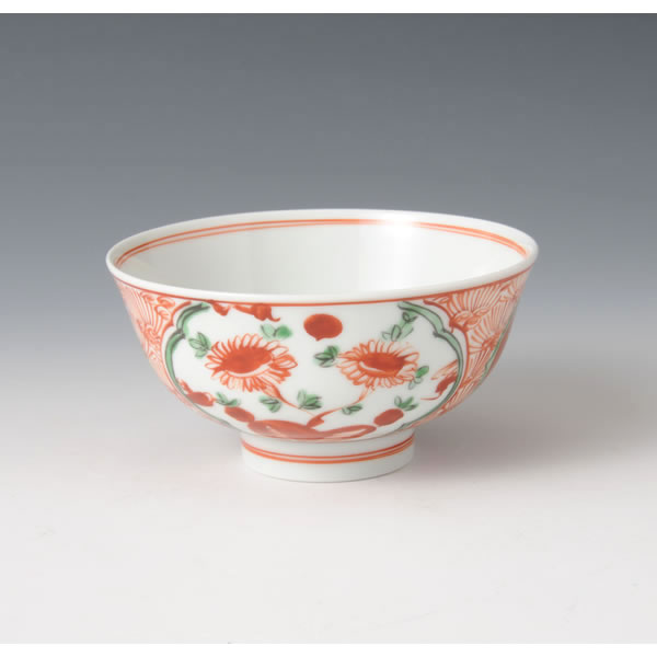 GOSUAKAE AKADAMASOKAMON MESHIWAN (Bowl with Red Ball Floral Plant design in overglaze red enamel) Arita ware