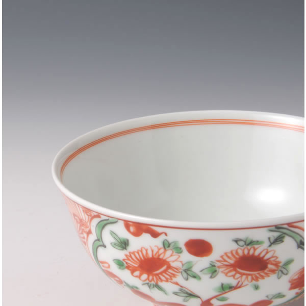 GOSUAKAE AKADAMASOKAMON MESHIWAN (Bowl with Red Ball Floral Plant design in overglaze red enamel) Arita ware