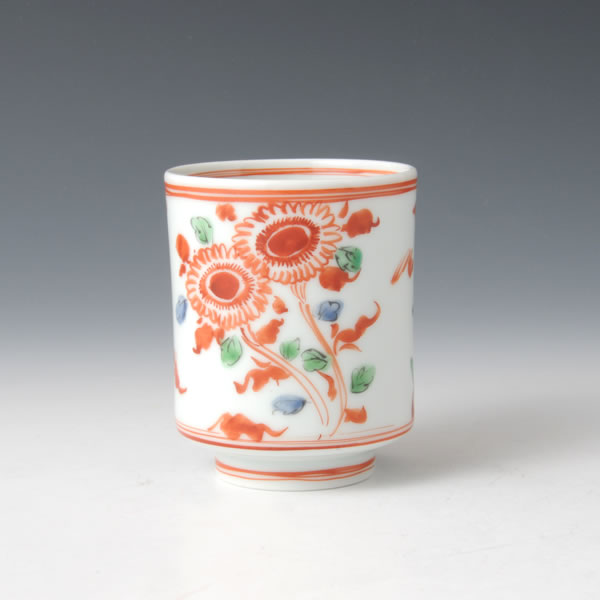 GOSUAKAE SOKAMON YUNOMI (Teacup with Floral Plant design in overglaze red enamel) Arita ware