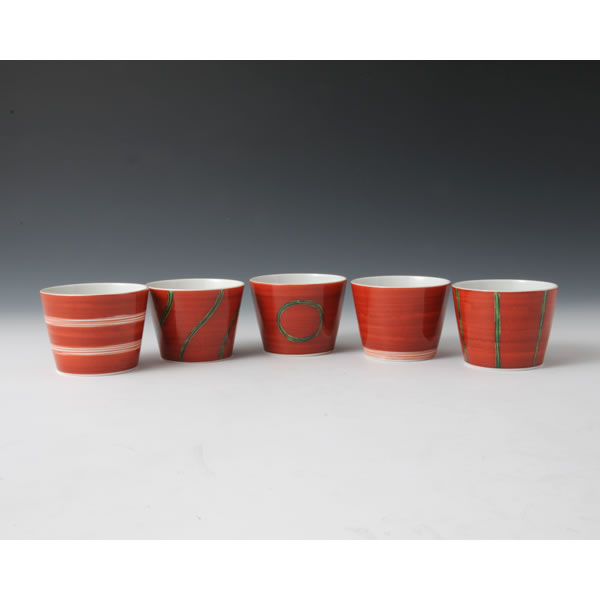 AKAMAKI SOBACHOKU (Five Large Cups wrapped in the red line) Arita ware