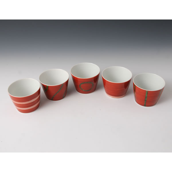 AKAMAKI SOBACHOKU (Five Large Cups wrapped in the red line) Arita ware