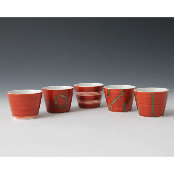 AKAMAKI SOBACHOKU (Five Small Cups wrapped in the red line) Arita ware