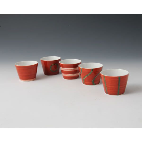 AKAMAKI SOBACHOKU (Five Small Cups wrapped in the red line) Arita ware