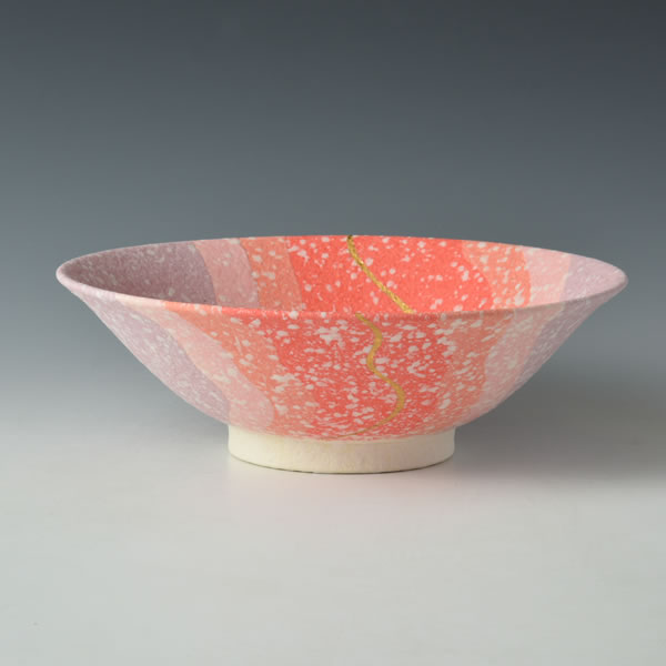 SUIDEI KINOSAI HACHI (Bowl with Sprayed Slip decoration & Overglaze Gold & Pink design D) Tanba ware