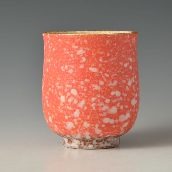 SUIDEI KINOSAI YUNOMI (Tea cup with Sprayed Slip decoration & Overglaze Gold & Pink design B) Tanba ware