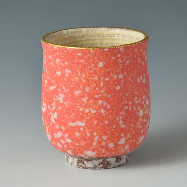 SUIDEI KINOSAI YUNOMI (Tea cup with Sprayed Slip decoration & Overglaze Gold & Pink design B) Tanba ware