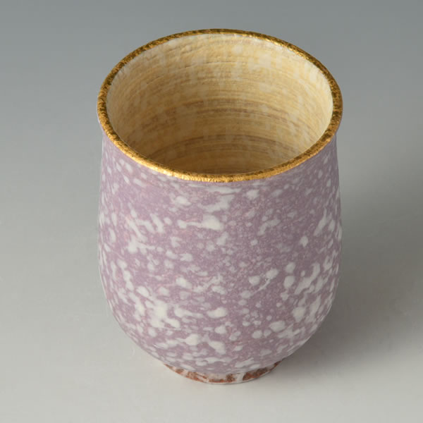 SUIDEI KINSHISAI YUNOMI (Teacup with Sprayed Slip decoration & Overglaze Gold & Purple design B) Tanba ware