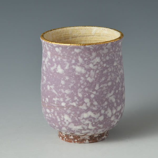SUIDEI KINSHISAI YUNOMI (Teacup with Sprayed Slip decoration & Overglaze Gold & Purple design B) Tanba ware