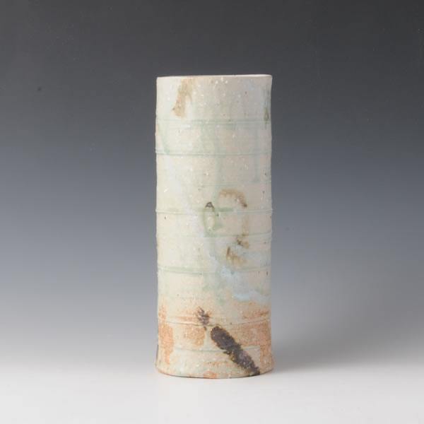 HAIYUSAI TAKE HANAIKE (Bamboo-shaped Flower Vase with Ash glaze decoration B) Kyoto ware