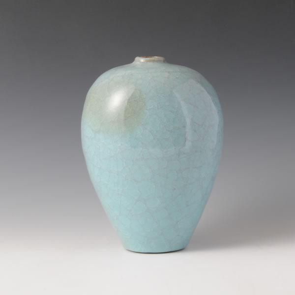 SEIJI YOHEN HENKO (Flattened Jar with Kiln Effects and Celadon glaze) Kyoto ware