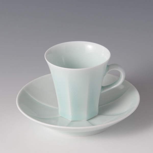 SEIHAKUJI MENTORI COFFEEWAN (White Porcelain Faceted Cup & Saucer with Pale Blue glaze) Arita ware