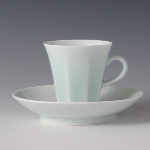 SEIHAKUJI MENTORI COFFEEWAN (White Porcelain Faceted Cup & Saucer with Pale Blue glaze) Arita ware