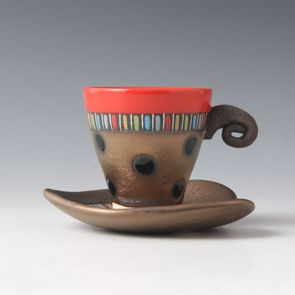 RGB DEMITSU (Cup & Saucer with Red Gold & Black decoration A) Mino ware