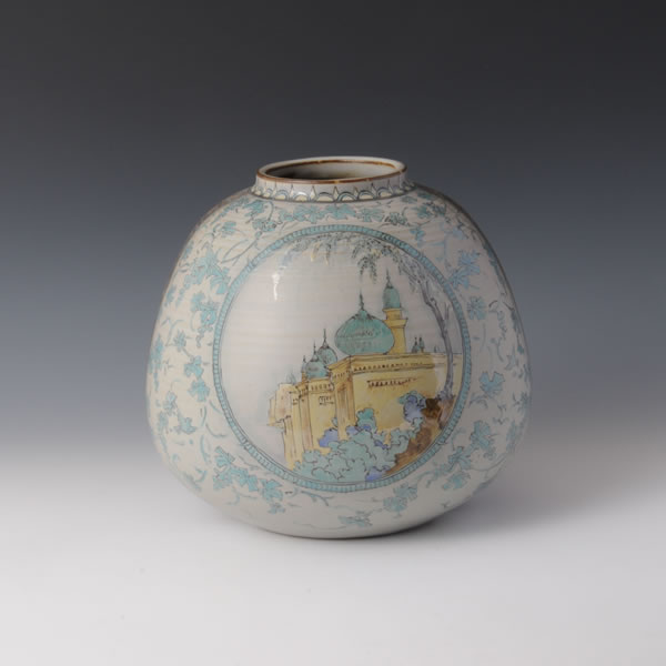 IROE FUKEI SILKROAD KABIN (Flower Vase with Scenary Silk Road design in overglaze enamel A) Hizenyoshida ware