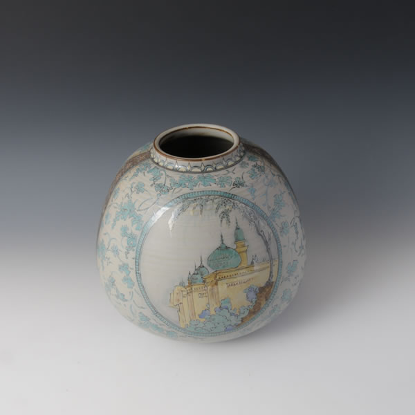 IROE FUKEI SILKROAD KABIN (Flower Vase with Scenary Silk Road design in overglaze enamel A) Hizenyoshida ware