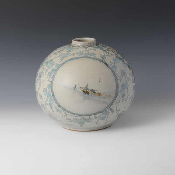 IROE FUKEI SILKROAD KABIN (Flower Vase with Scenary Silk Road design in overglaze enamel B) Hizenyoshida ware