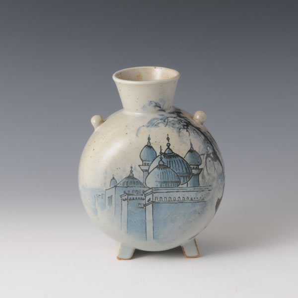 SOMETSUKE MOSQUE FUKEI HENKO (Flattened Jar with Mosque Scenery design in underglaze blue) Hizenyoshida ware