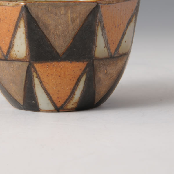 GINSAI KIKAMON MENTORI GUINOMI (Faceted Sake Cup with Geometric design in silver decoration) Hizenyoshida ware