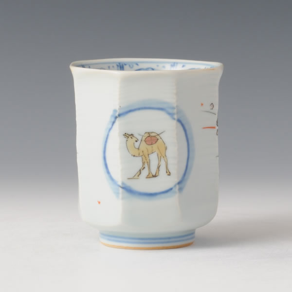 SOMENISHIKI HANA RAKUDAMON MENTORI YUNOMI (Faceted Teacup with Flower and Camel design) Hizenyoshida ware