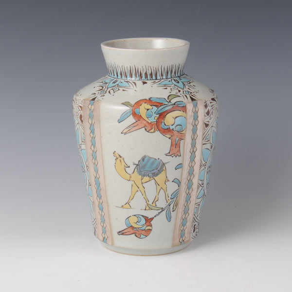 GINSAI IROESARASA RAKUDAMON KABIN (Flower Vase Camel design silver decoration overglaze enamel) Hizenyoshida ware