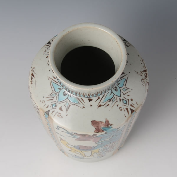 GINSAI IROESARASA RAKUDAMON KABIN (Flower Vase Camel design silver decoration overglaze enamel) Hizenyoshida ware