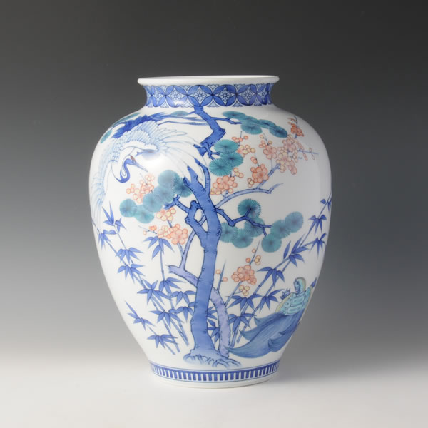 IRONABESHIMA SHOCHIKUBAI TOKUDAI KABIN (Flower Vase with multi-coloured overglazed enamel) Nabeshima ware