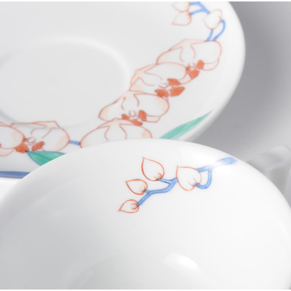 IRONABESHIMA KATOREAMON KOCHAWAN (Cup & Saucer with multi-coloured overglazed enamel) Nabeshima ware