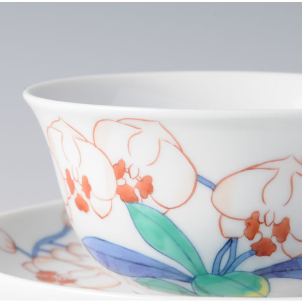IRONABESHIMA KATOREAMON KOCHAWAN (Cup & Saucer with multi-coloured overglazed enamel) Nabeshima ware