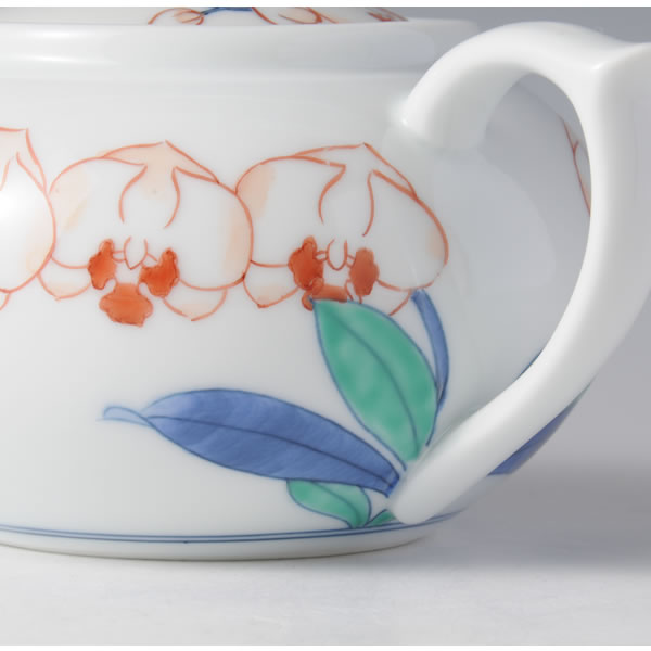 IRONABESHIMA KATOREAMON POT (Teapot with Cattleya design multi-coloured overglazed enamel) Nabeshima ware