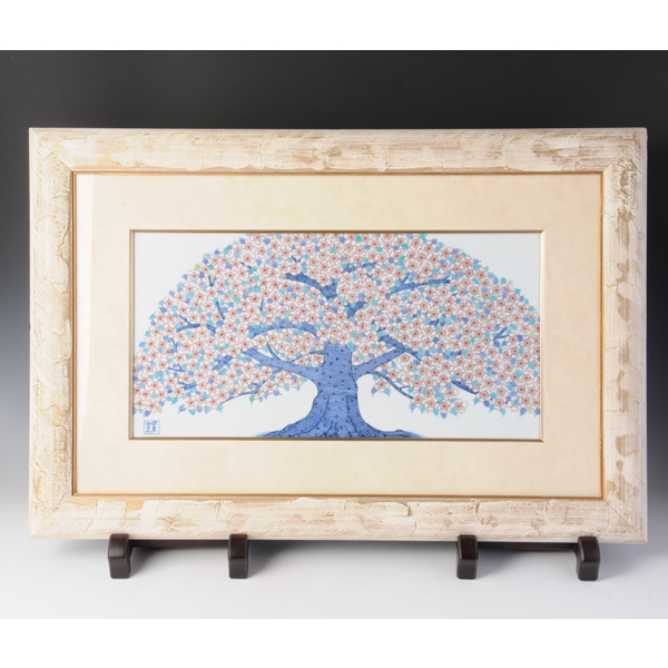 IRONABESHIMA OJUMON TOGAKU (Porcelain Panel Painting Cherry blossoms with multi-colored overglaze enamel) Nabeshima ware