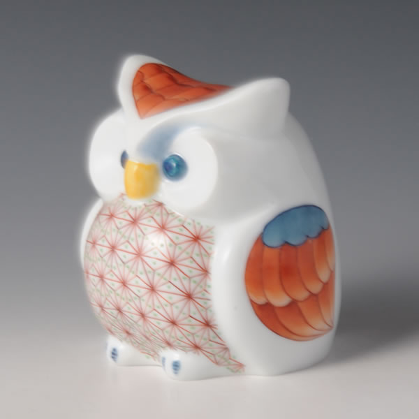 IRONABESHIMA FUKURO RED (Owl with multi-colored overglaze enamel)