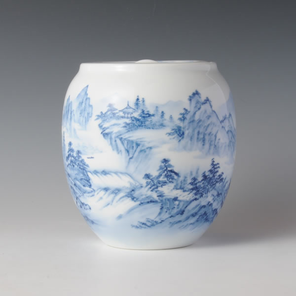SOMETSUKE SANSUIZU MIZUSASHI (Fresh-water Jar with Landscapes in underglaze bule) Arita ware