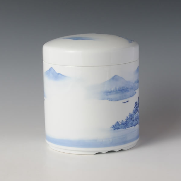 SOMETSUKE SANSUIZU KOTSUTSUBO (Cinerary Urn with Landscapes in underglaze blue A) Arita ware