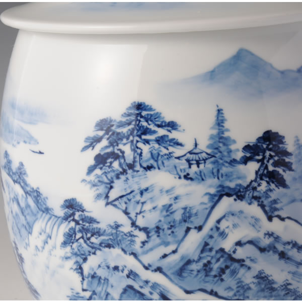 SOMETSUKE SANSUIZU KOTSUTSUBO (Cinerary Urn Landscapes in underglaze blue B) Arita ware