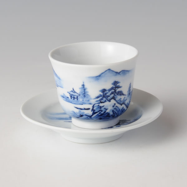 SOMETSUKE SANSUIZU SHUKI SET (Sake Bottle & Sake Cups with Landscapes in underglaze blue A) Arita ware
