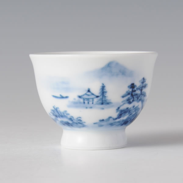 SOMETSUKE SANSUIZU SENCHAKI SOROI (Teapot & Teacups with Landscapes in underglaze blue) Arita ware
