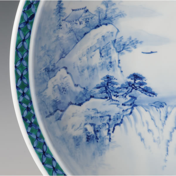 NAIGAIUWAE FUCHIMON SANSUIZU FUKAOZARA (Deep Large Plate with Landscapes with the design in overglaze enamel) Arita ware