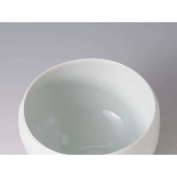 SEIHAKUJI CHORYUMON CHAWAN (White Porcelain Tea Bowl with Sea Current design with Pale Blue glaze) Kyoto ware